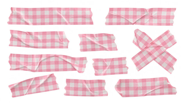 Pink gingham tape strips set, isolated on transparent background