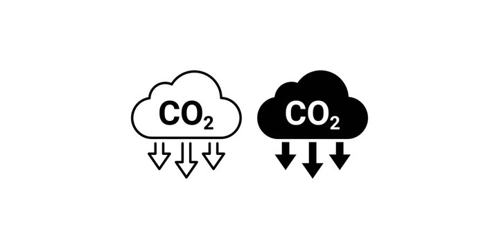 Carbon dioxide emission cloud with descending arrows line and silhouette vector icon.
