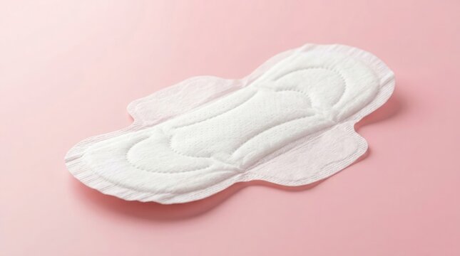 A detailed top down studio shot of a white sanitary pad against a soft pink background illustrating feminine hygiene products and menstrual