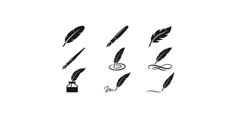 Vintage quill feather pen and inkwell icons set in black silhouette vector style. © adobe king