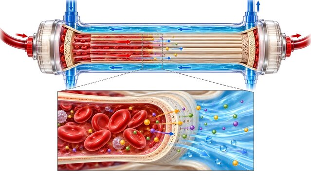  Hemodialysis Dialyzer Cross Section Showing Blood Filtration and Solute Exchange