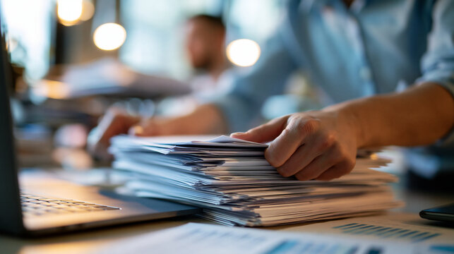 Cropped view of a european business professional managing a large stack of documents at an office desk hands squaring the edges of the pile laptop open beside frame cropped at the chest