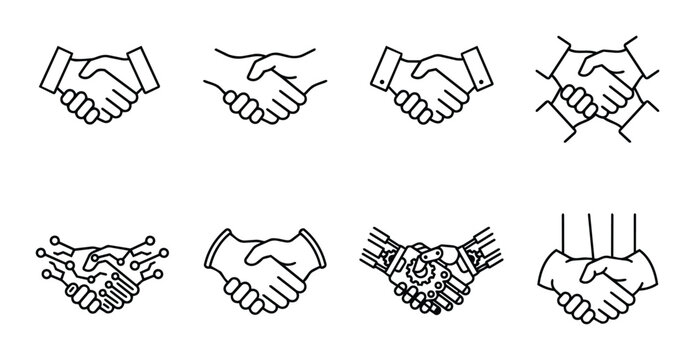 Handshake icons set with business, technology and teamwork concepts for app and web
