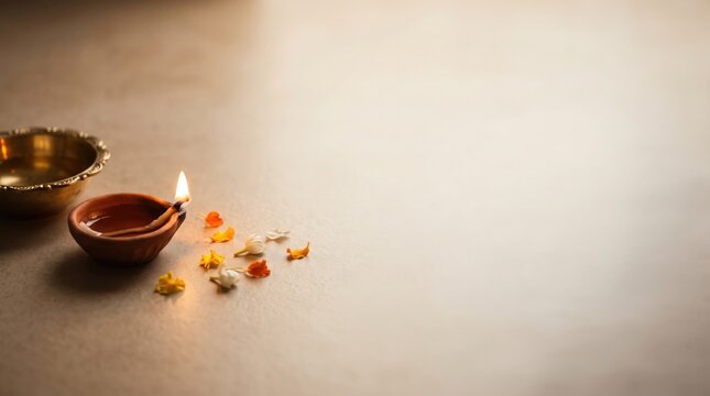 Diwali celebration with traditional oil lamp and colorful rangoli design on marble surface