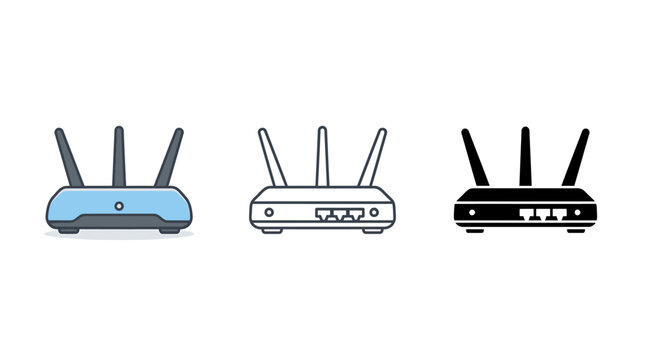 Set of three wifi internet router icons with flat color outline and solid black style for network connection concepts