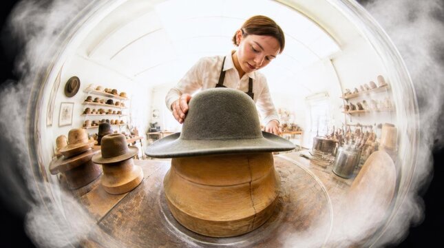 Woman hat maker shaping felt hat on block in workshop using steam, artisan craft process.