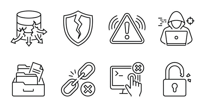 Cybersecurity icons set with data breach, broken shield, warning and hacker, file folder, broken link, and unlocked padlock for digital safety