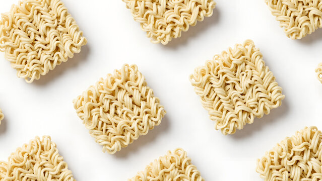 Dry Instant Ramen Noodle Blocks Pattern on White Background