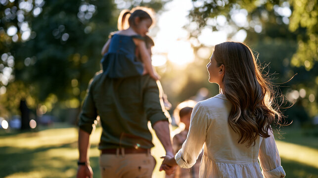 Rear view of a young european family walking in a park in summer sunshine dad carrying the daughter on his shoulders while mom holds his hand green trees and sunlit grass ahead family