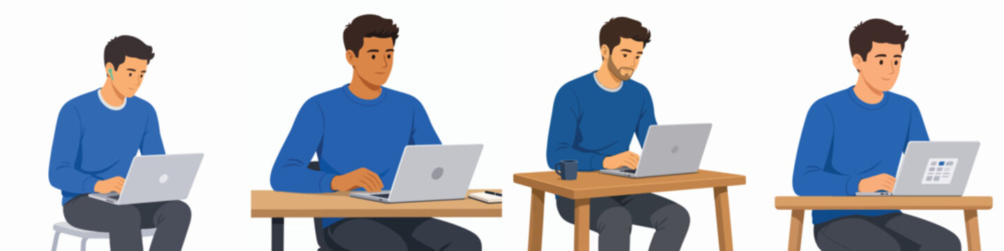 Vector illustration set of a young person using a laptop against a white background.