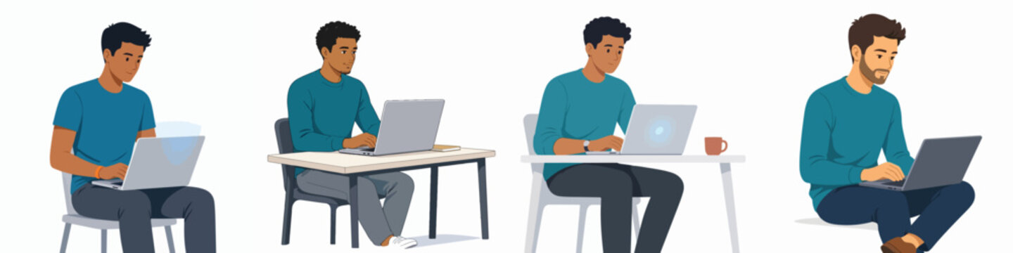 Vector illustration set of a young person using a laptop against a white background.
