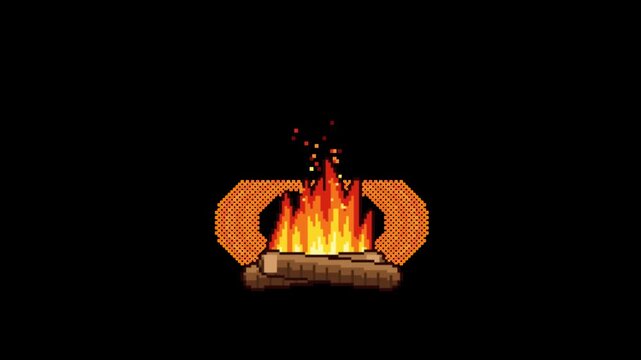 Animated Pixel Campfire with Flickering Yellow Orange and Red Flames and Rising Embers on Transparent Background. 8-Bit Loop