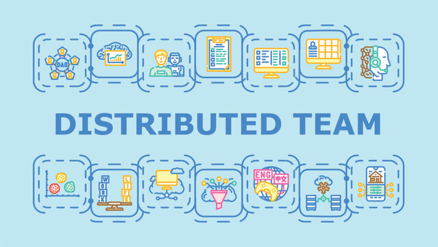Distributed team banner infographic. Workflow communication, planning collaboration, software virtual icon vector illustration