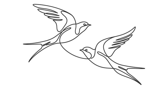 Two swallow birds flying together in a continuous single line drawing style illustration for simple creative design