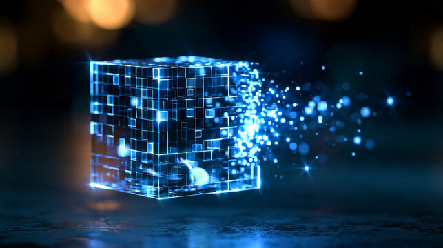 Glowing blue holographic data cubes transforming into a single block many small cubes streaming together and merging into one large cube of light shadowy space 3d render holographic