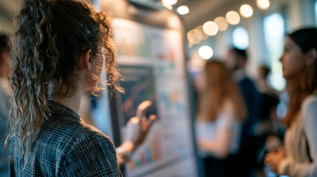 Rear view of a european student presenting research at a university poster session poster with charts and diagrams on a board visitors softly blurred around light hall student poster