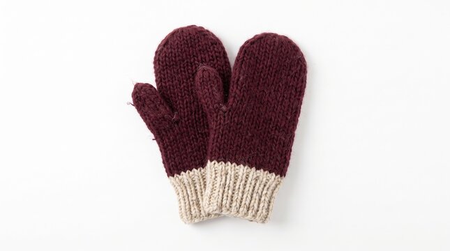 Burgundy knitted wool mittens featuring cream ribbed cuffs displayed against a clean white background in an alpine nostalgia christmas chalet seasonal product photography shoot.
