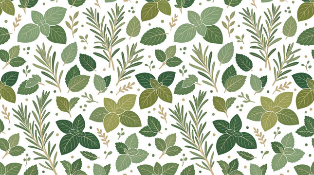 Seamless Pattern of Fresh Green Herbs - Basil, Mint, Rosemary - Kitchen and Cooking Background