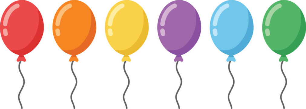 Rainbow colored party balloons, set of 6 festive balloon icons with strings, flat vector graphics for birthday decorations and celebration events.