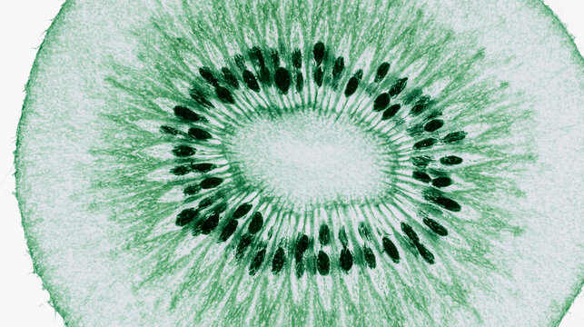 Horizontal macro close up of a fresh ripe green kiwi fruit slice on white background featuring black seeds and translucent pulp structure for healthy eating and organic vitamin C nutrition concepts