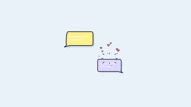 Flat UI live conversation animation of pastel chat bubbles with a wave-like typing indicator, popping hearts, and clean snappy overshoot.