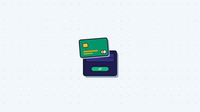 Premium flat UI motion graphic of an emerald debit card swiping on a royal indigo payment terminal, popping a gold checkmark with coins and stars.