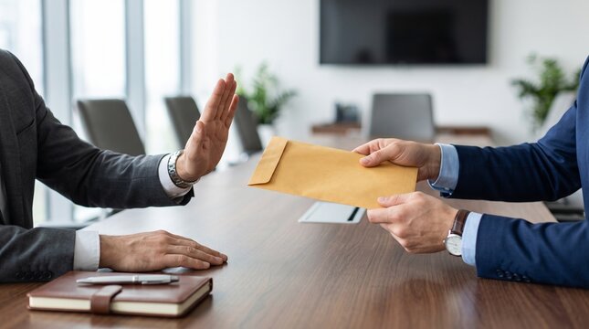 Professional refusing agreement during office meeting, symbolizing negotiation challenges, contract issues and business strategy