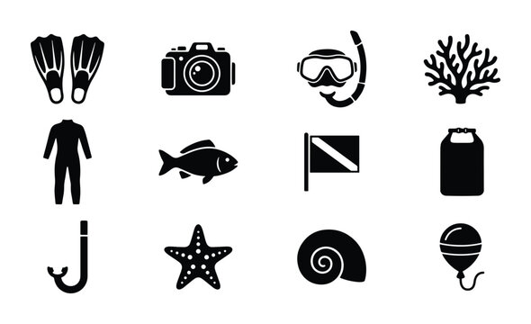 Scuba diving equipment silhouettes set with mask, fins, snorkel, wetsuit, camera, coral, fish, starfish, shell, flag, dry bag