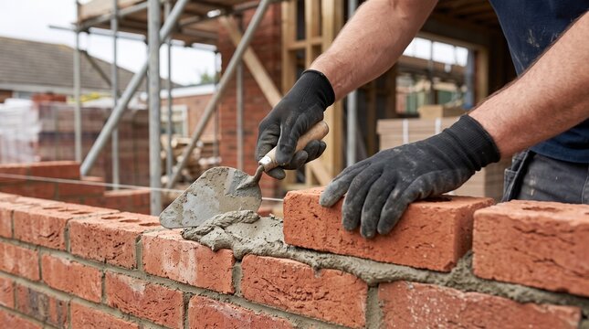 Professional builder working with cement mortar and bricks, representing architecture, housing projects and construction expertise.
