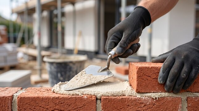 Construction worker building brick wall with mortar, symbolizing craftsmanship, architecture, teamwork and professional building work.