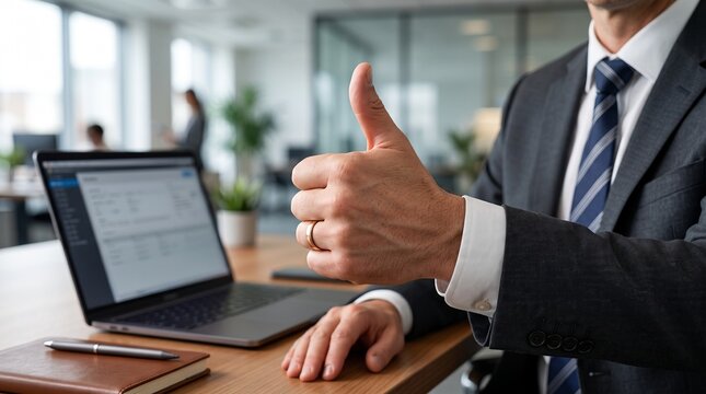 Professional office worker with thumbs up gesture, symbol of trust, satisfaction, business growth, digital work and modern workplace.