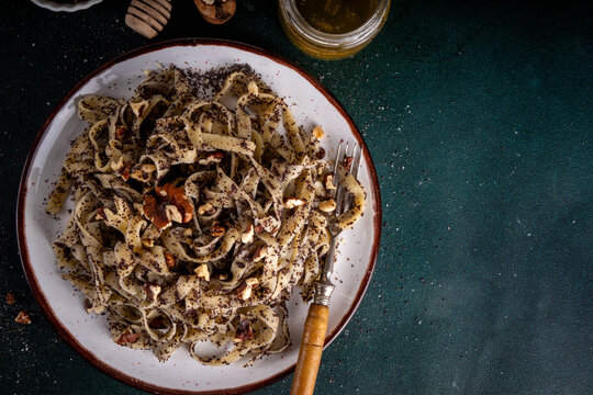 Sweet pasta, noodles with poppy seed and nuts