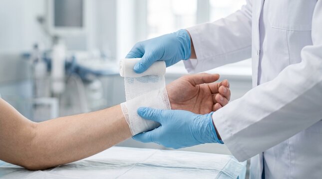 Doctor examining patient wrist during consultation, representing healthcare service, physical assessment, diagnosis, and professional medical care.