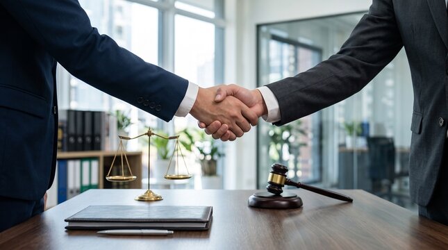 Business and legal partnership concept with handshake, gavel, and documents symbolizing negotiation, law, and successful agreements.