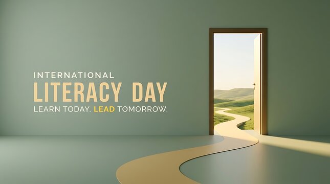 International Literacy Day Concept with Open Doorway Leading to a Bright Landscape, Education and New Opportunities