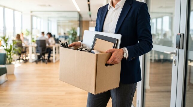 Employee holding personal items after leaving workplace, symbolizing resignation, business restructuring, career challenges, and change.