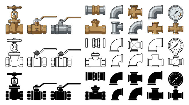 Collection of industrial pipe fittings valves and pressure gauges in color line art and silhouette vector design