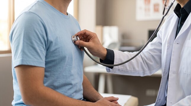 Healthcare professional performing physical examination with stethoscope, representing patient consultation, medicine, and wellness.