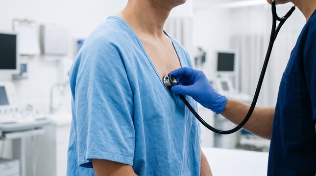 Doctor using stethoscope to examine patient in hospital, symbolizing healthcare, medical checkup, diagnosis, and professional care.