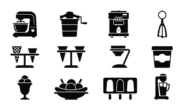 Dessert maker and ice cream icons set with kitchen appliances and frozen treats
