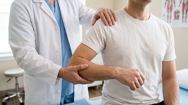 Doctor assisting patient with physical examination, representing healthcare, medical consultation, and wellness treatment.