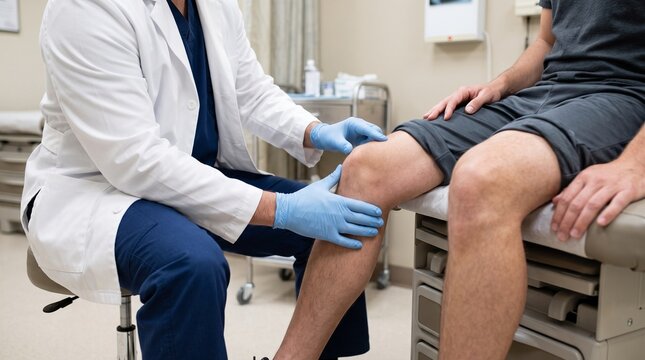 Doctor evaluating patient leg movement, symbolizing physiotherapy, rehabilitation, healthcare service, and wellness.