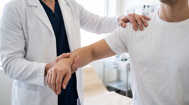 Doctor examining patient arm during medical consultation, representing healthcare service, diagnosis, treatment, and professional care.