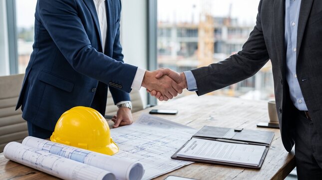 Business partners shaking hands over construction plans with safety helmet, symbolizing successful project collaboration and professional agreement.