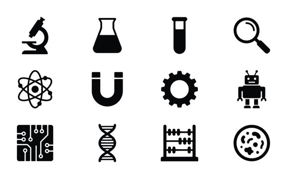 Science and technology icons set with microscope, DNA, and robot for education