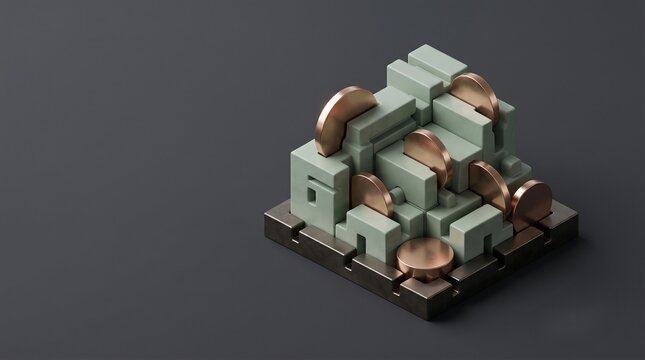 3D minimal asset securitization modular ceramic blocks on dark charcoal background