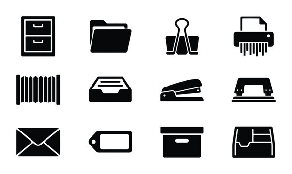 Office supplies icons set with filing cabinet, folder, binder clip, shredder, stapler and mail for business