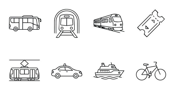 Transportation icons set with bus, subway, train, ticket, tram, taxi, ship and bicycle for travel app