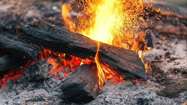 Burning wood fire with glowing embers and ash during an outdoor ritual, close-up flames, traditional ceremony, spiritual symbolism, funeral customs, sacred fire, warm
