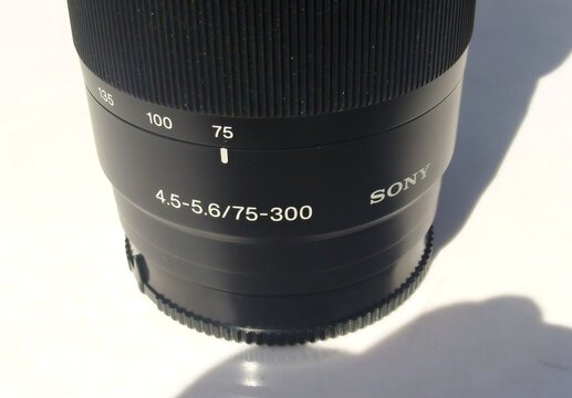 Sony telephoto zoom lens showing focal length and aperture